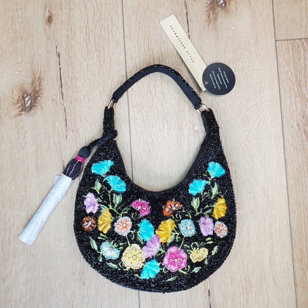 Made In India Floral Beaded Embellished Shoulder Bag Black Multi NWT Viral Boho - Picture 9 of 16